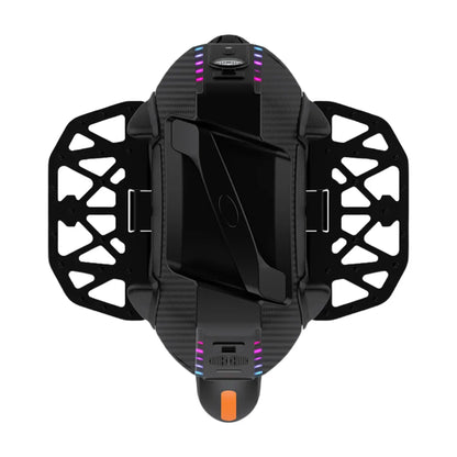 Electric Unicycle Kingsong 16xs, features a sleek black design with colorful LED lights and sturdy footrests.