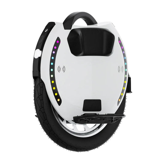 Electric Unicycle Kingsong 18L features a sleek white design, LED lights, and strong rubber tire for smooth rides.