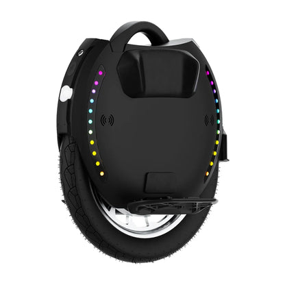 Electric Unicycle Kingsong 18l features a sleek design, vibrant LED lights, durable tire, and easy grip handle.