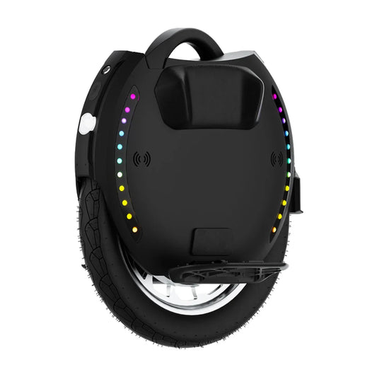 Electric Unicycle Kingsong 18l features a sleek design, vibrant LED lights, durable tire, and easy grip handle.