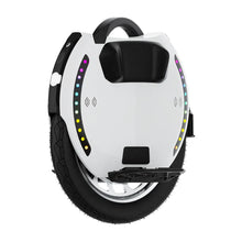 Electric Unicycle Kingsong 18xl features a sleek white design, colorful LED lights, durable tire, and handlebar.