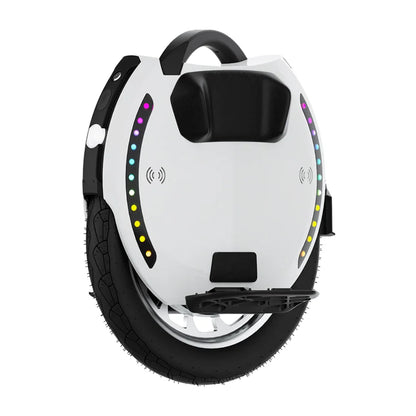 Electric Unicycle Kingsong 18xl features a sleek white design, colorful LED lights, durable tire, and handlebar.