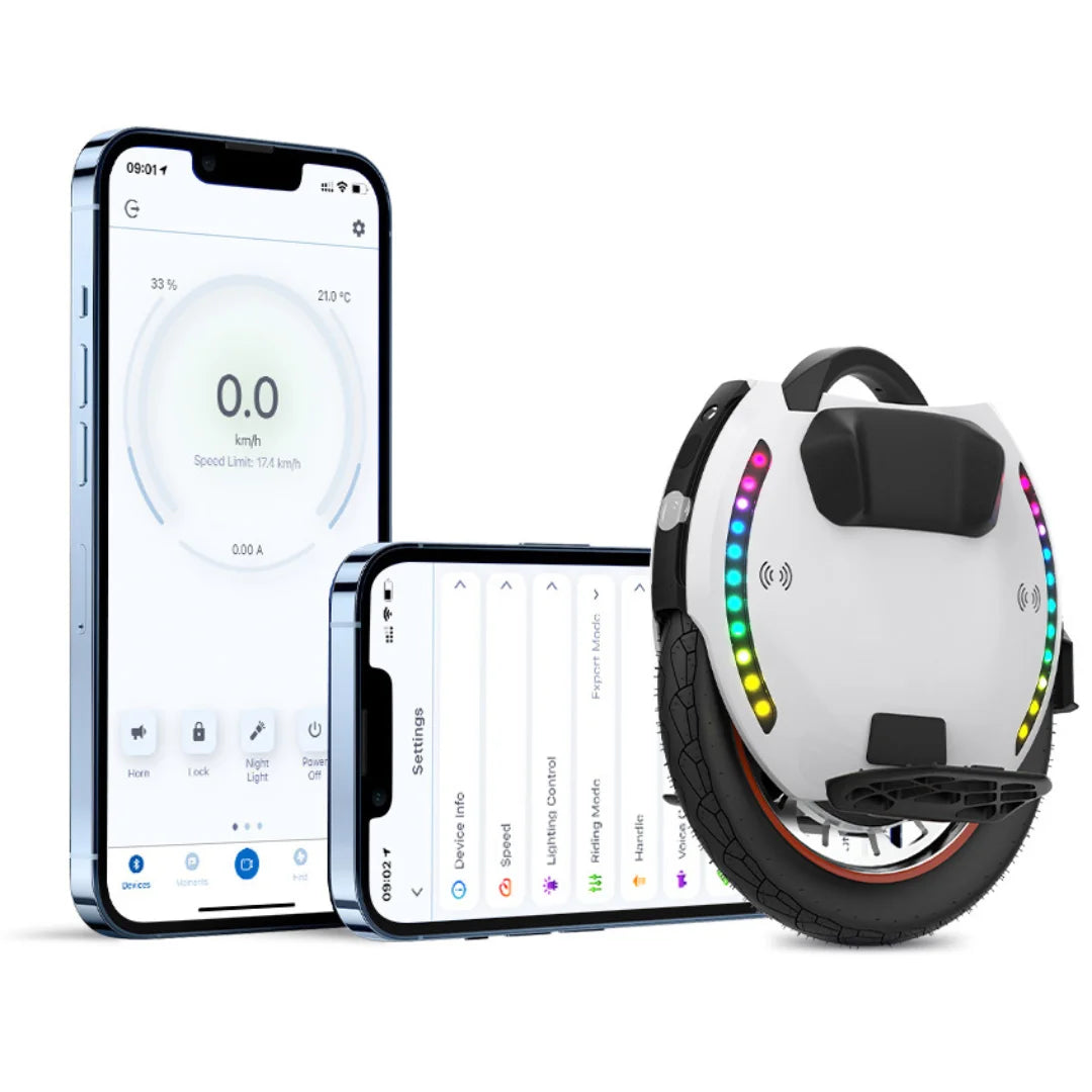 Electric Unicycle Kingsong 18xl, features an app for speed and settings, with colorful rims and a sleek design.