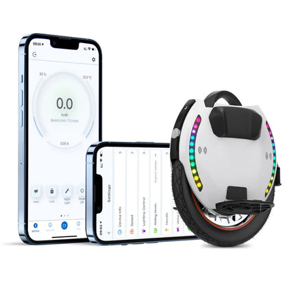 Electric Unicycle Kingsong 18xl, features an app for speed and settings, with colorful rims and a sleek design.