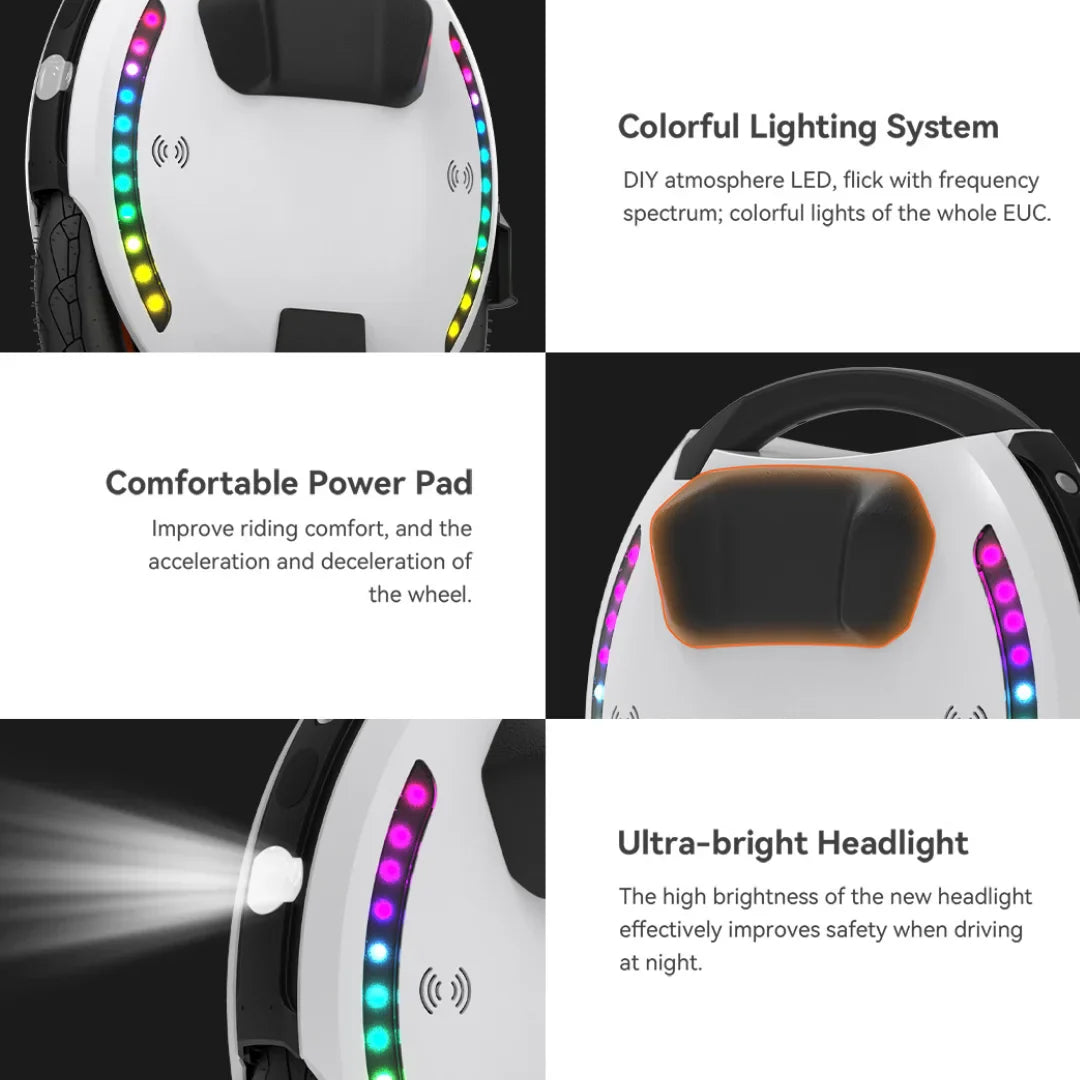 Electric Unicycle Kingsong 18xl features colorful lighting, comfortable power pad, and ultra-bright headlight.