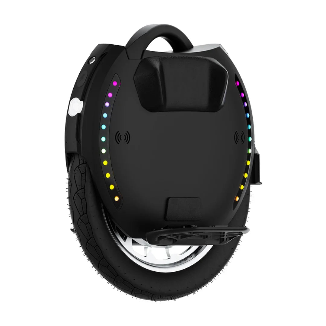 Electric Unicycle Kingsong 18xl features a sleek design with LED lights, durable tire, and built-in handle for portability.