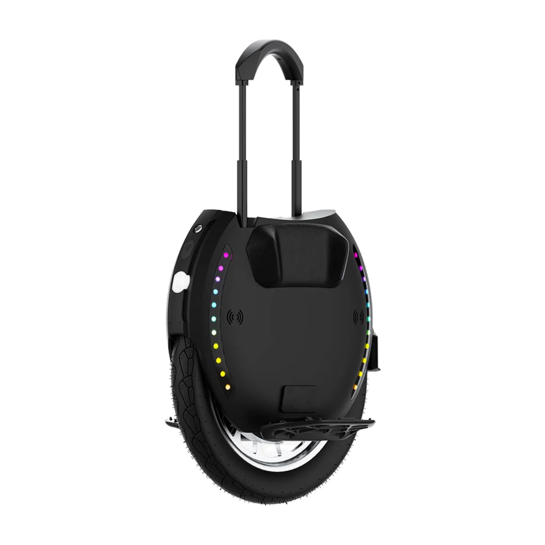 Electric Unicycle Kingsong 18xl features a sleek black design, colorful LED lights, and a built-in handle for easy transport.