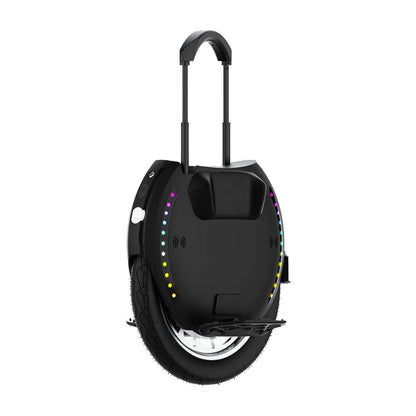 Electric Unicycle Kingsong 18xl features a sleek black design, colorful LED lights, and a built-in handle for easy transport.