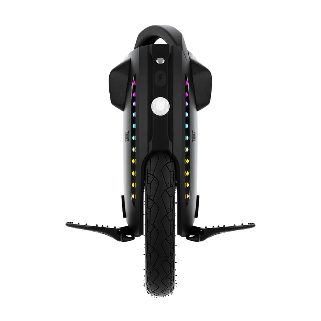 Electric Unicycle Kingsong 18xl features a single large tire, vibrant LED lights, and sturdy footrests.