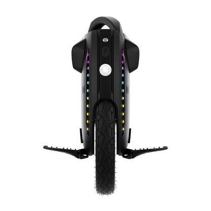 Electric Unicycle Kingsong 18xl features a single large tire, vibrant LED lights, and sturdy footrests.