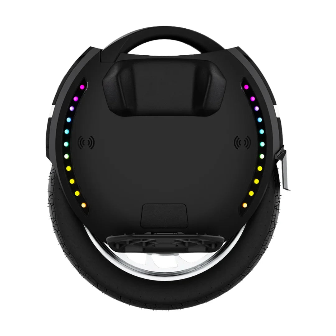 Electric Unicycle Kingsong 18xl features a sleek black design, vibrant LED lights, and sturdy tire.