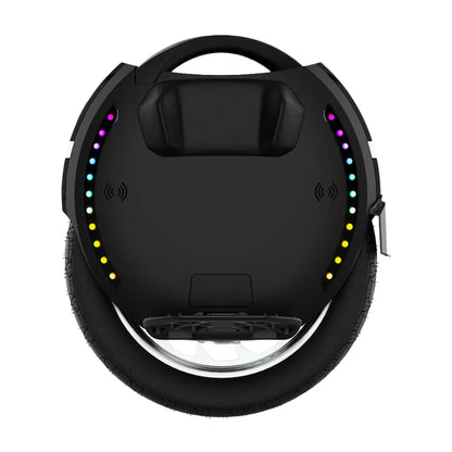 Electric Unicycle Kingsong 18xl features a sleek black design, vibrant LED lights, and sturdy tire.