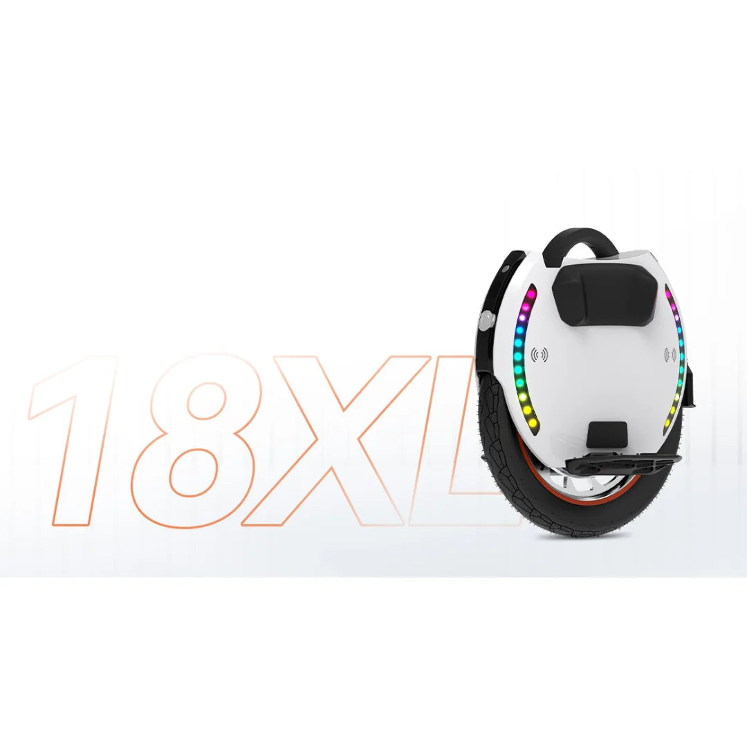 Electric Unicycle Kingsong 18xl features a sleek white design, colorful LED lights, and a sturdy tire.