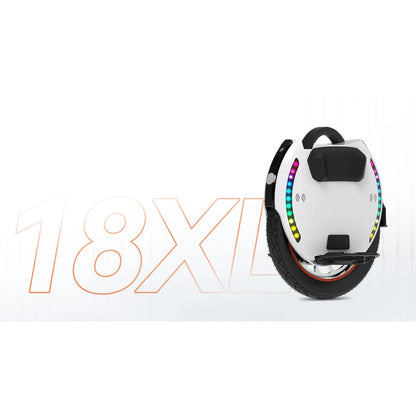 Electric Unicycle Kingsong 18xl features a sleek white design, colorful LED lights, and a sturdy tire.