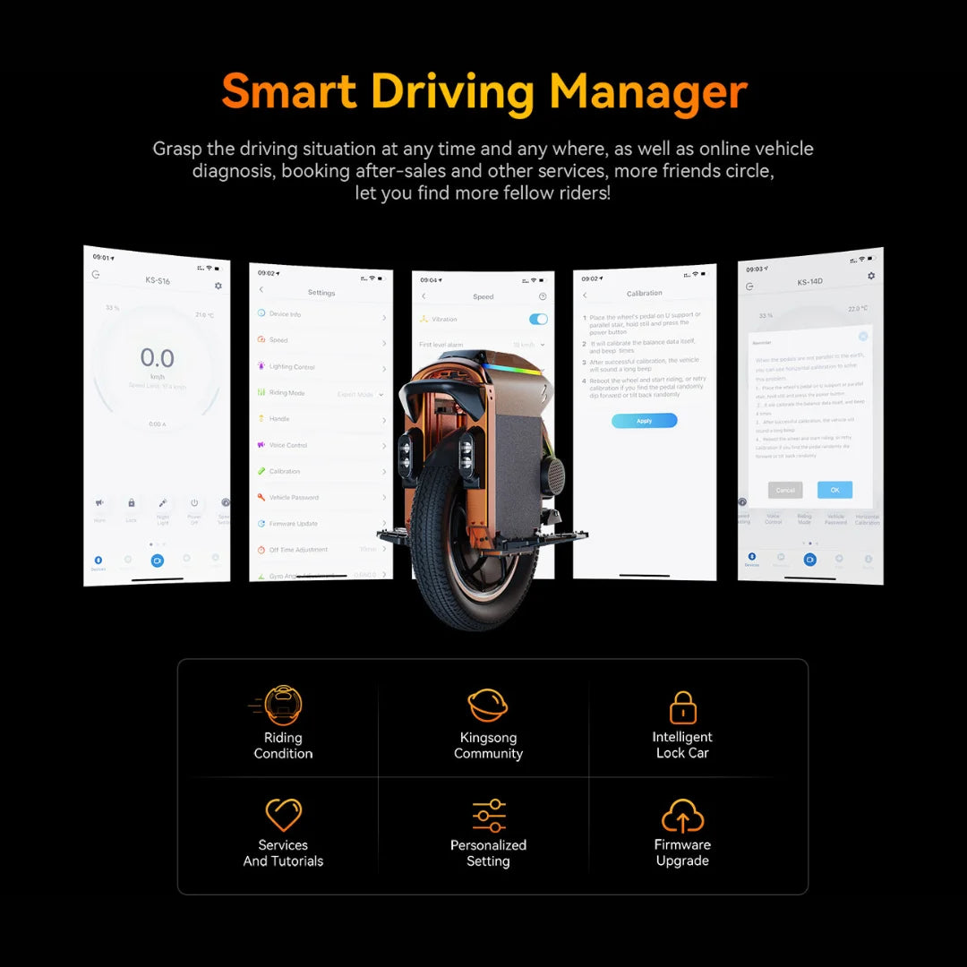 Electric unicycle KingSong S16 – app interface and features infographic