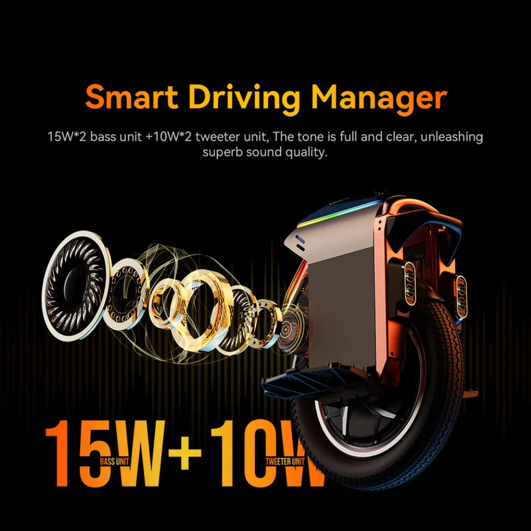 Electric Unicycle Kingsong S16 features a powerful sound system with dual 15W bass and 10W tweeter units.
