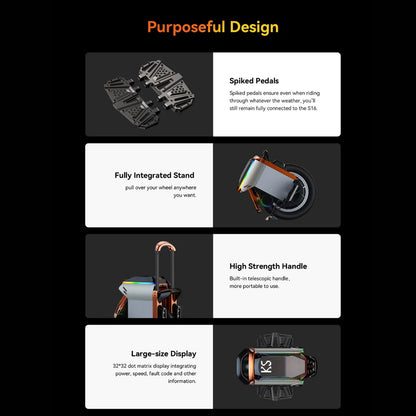 Electric Unicycle Kingsong S16 features spiked pedals, integrated stand, strong handle, and large display.