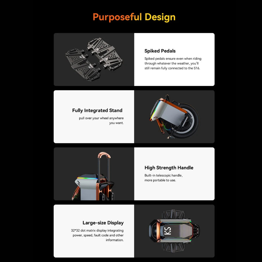 Electric unicycle KingSong S16 – design features infographic