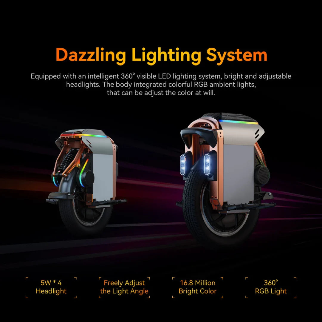 Electric Unicycle Kingsong S16 features an advanced 360° LED lighting system, bright headlights, customizable RGB lights.