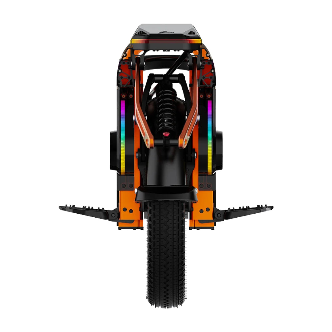Electric unicycle KingSong S16 – front view, suspension detail, pedals extended