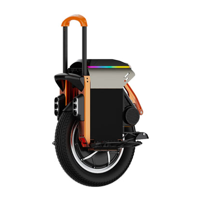 Electric Unicycle Kingsong S16 features a sleek design with a vibrant orange handle and advanced LED lights.