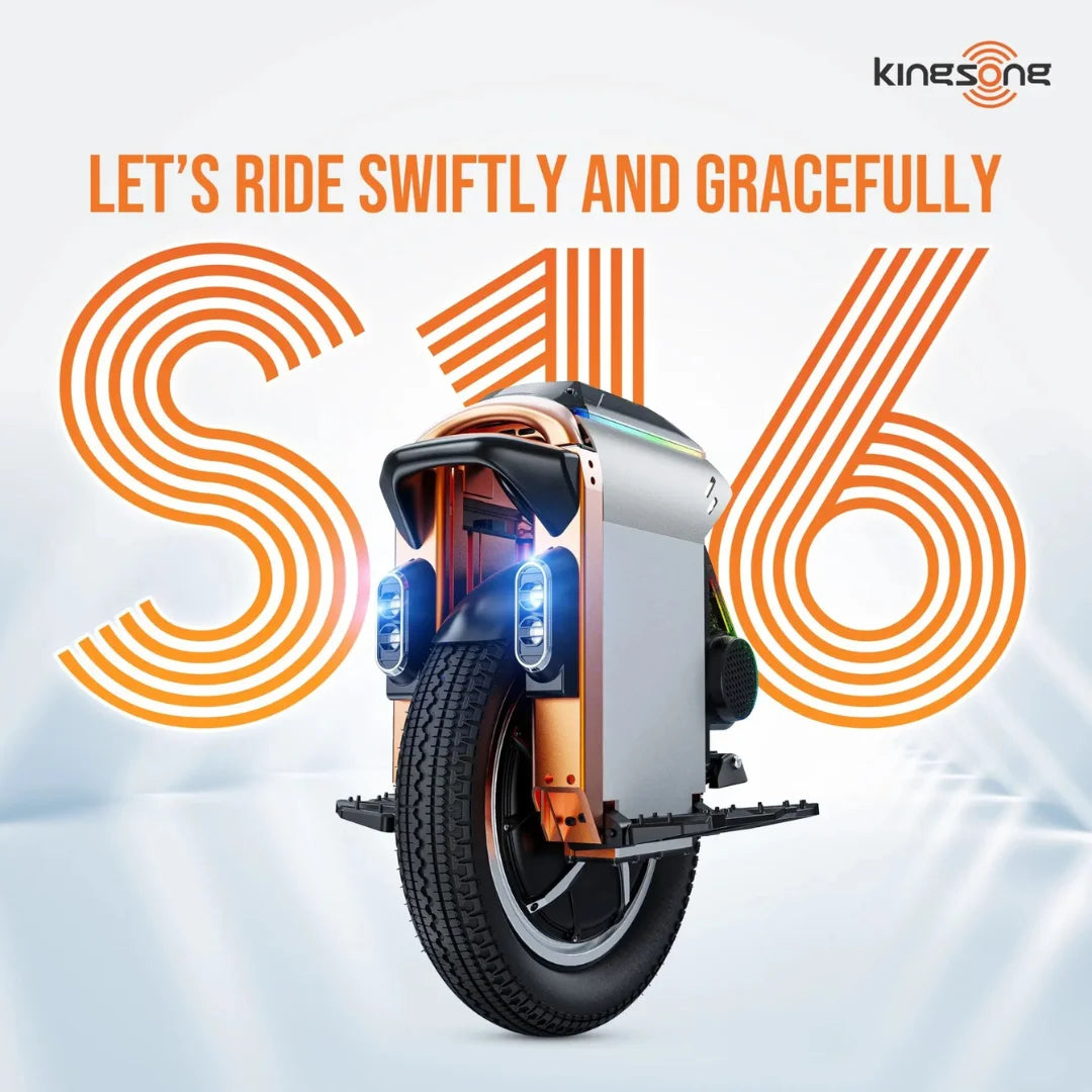 Electric unicycle KingSong S16 – front three-quarter view, headlights on