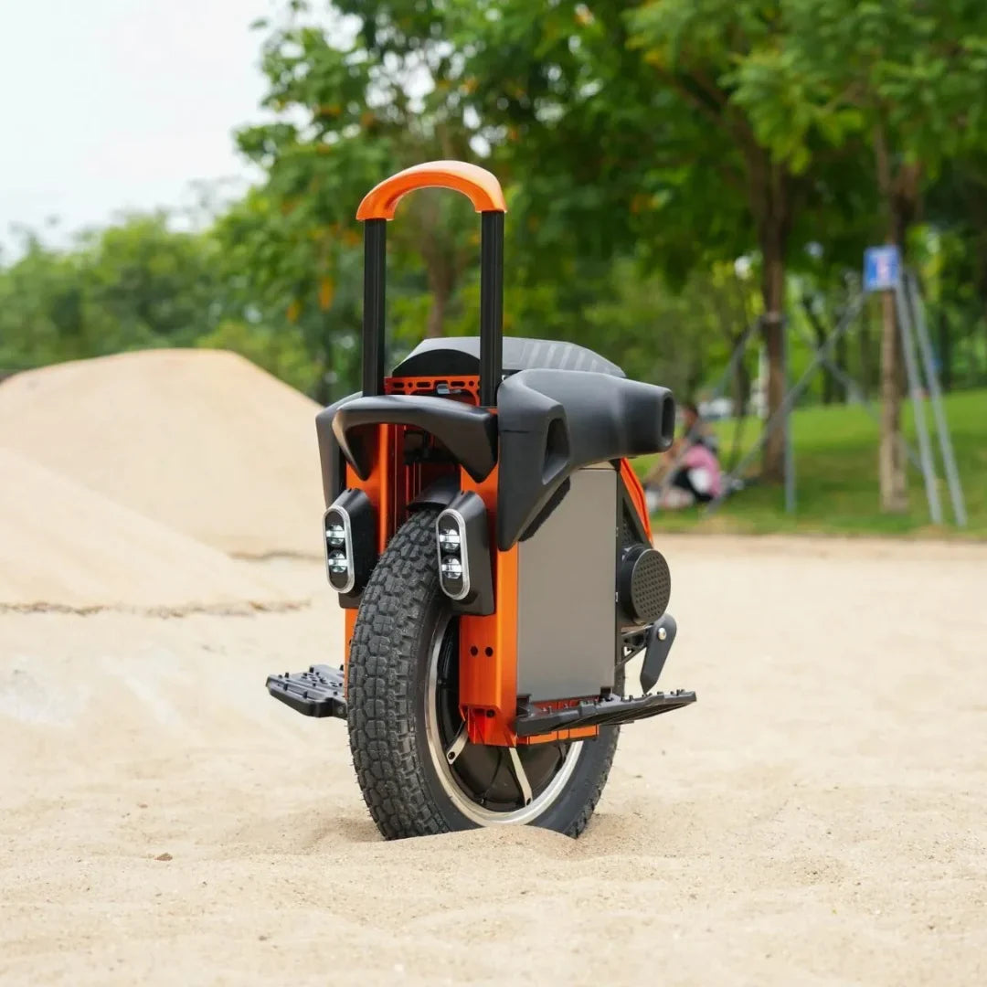 Electric Unicycle Kingsong S16 features a robust design, large tire, and a convenient handle for easy transport.