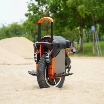 Electric Unicycle Kingsong S16 features a robust design, large tire, and a convenient handle for easy transport.