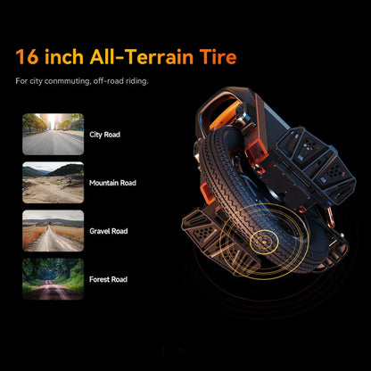 Electric Unicycle Kingsong S16 Pro features a 16-inch all-terrain tire for versatile city and off-road riding.