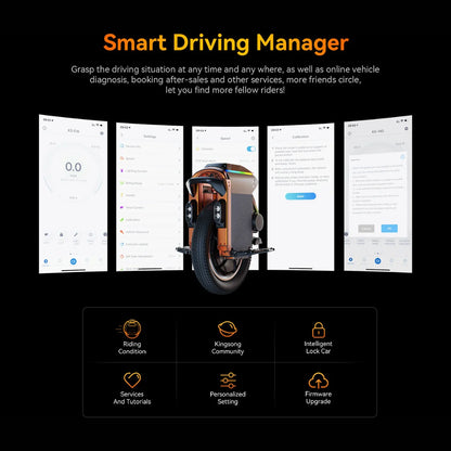 Electric Unicycle Kingsong S16 Pro features a smart driving manager for tracking performance and services.