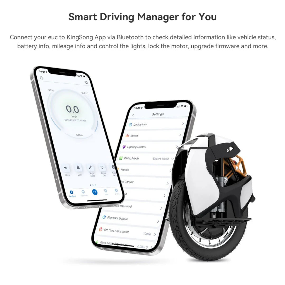 Electric Unicycle Kingsong S18 Pro Plus, features smart app connectivity for tracking stats and controlling settings.