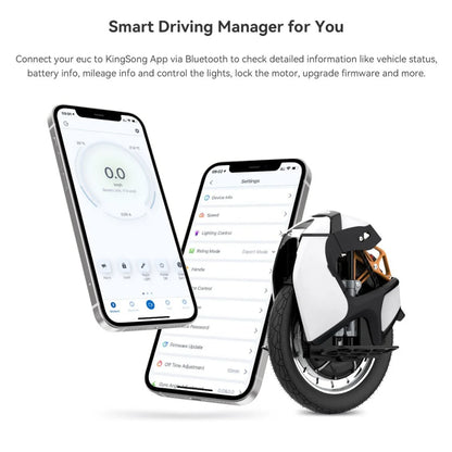 Electric Unicycle Kingsong S18 Pro Plus, features smart app connectivity for tracking stats and controlling settings.