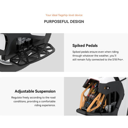 Electric Unicycle Kingsong S18 Pro Plus features spiked pedals for grip and adjustable suspension for comfort.