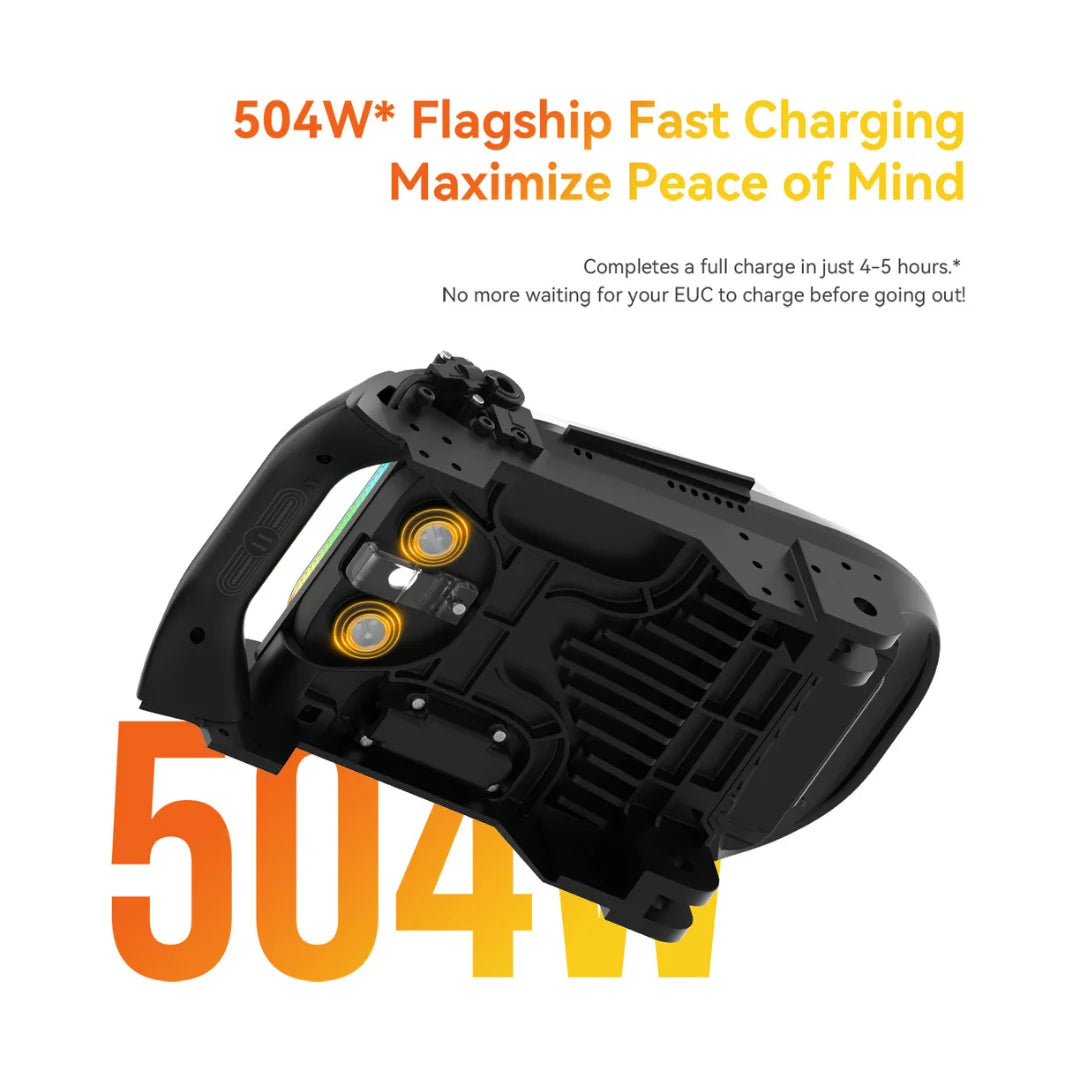 Electric Unicycle Kingsong S19 features a 504W fast charging system for quick full charges in 4-5 hours.