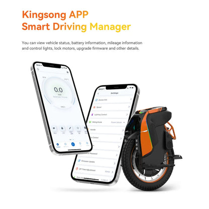 Electric Unicycle Kingsong S19 showcasing a smartphone app for vehicle monitoring and control settings.