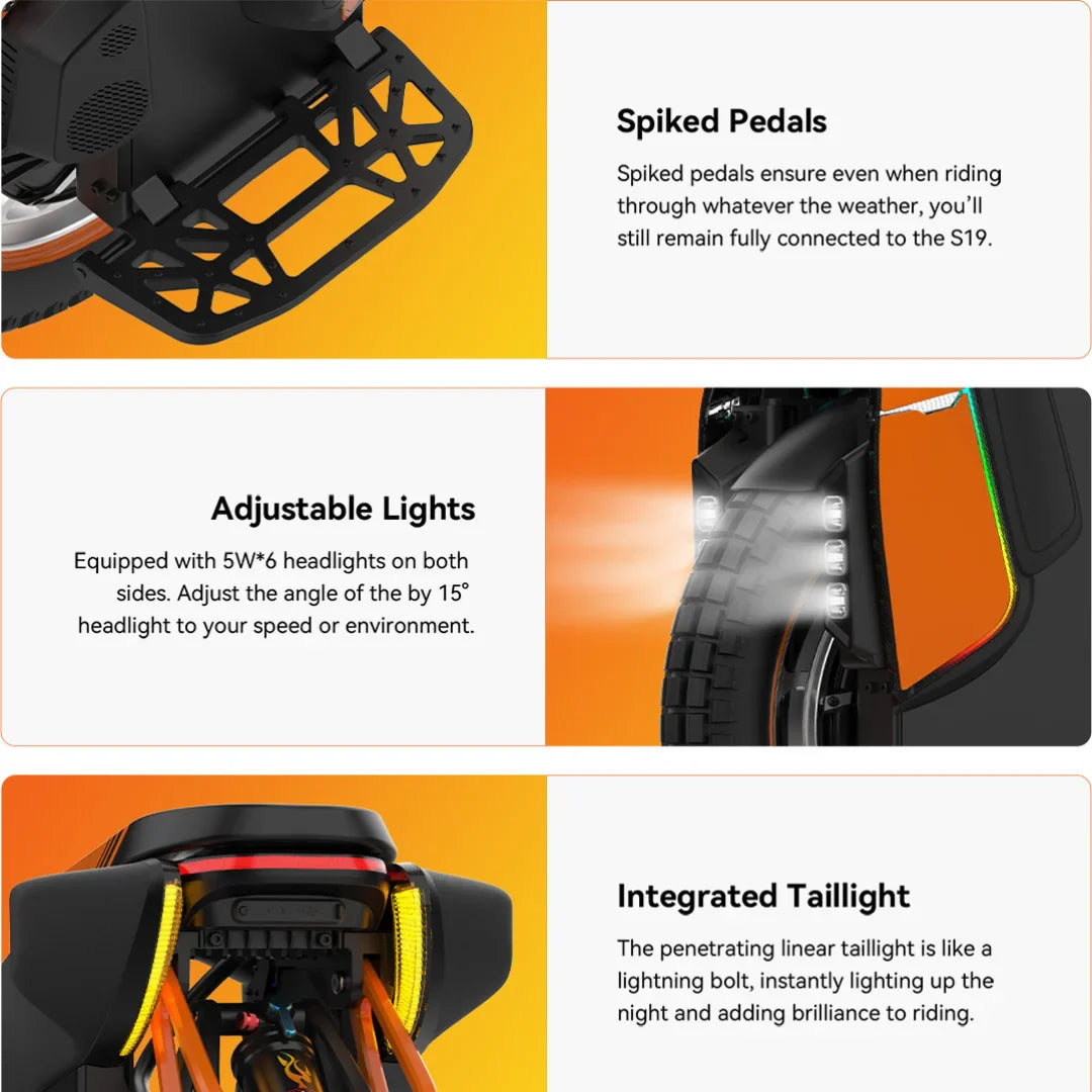 Electric Unicycle Kingsong S19 features spiked pedals for secure riding, adjustable headlights, and an integrated taillight.
