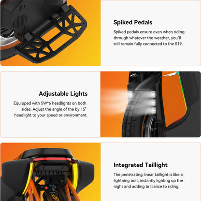 Electric Unicycle Kingsong S19 features spiked pedals for secure riding, adjustable headlights, and an integrated taillight.