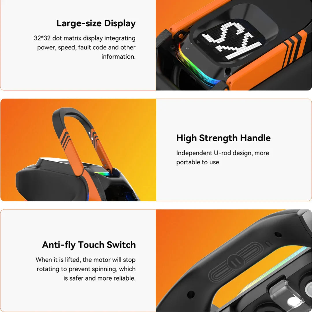 Electric Unicycle Kingsong S19 features a large 32x32 dot matrix display, high-strength handle for portability, and anti-fly touch switch.