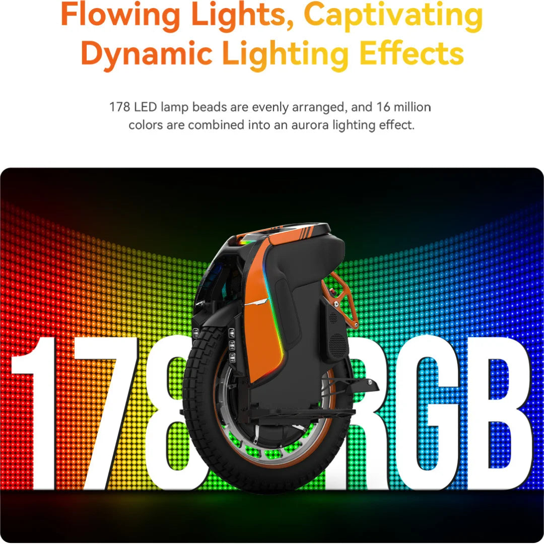 Electric Unicycle Kingsong S19 features vibrant RGB lighting with 178 LED beads for stunning visuals.