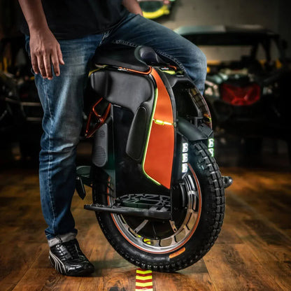 Electric Unicycle Kingsong S19, a sleek design with vibrant accents, supports smooth riding with rugged tires.