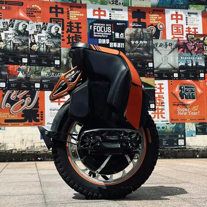 Electric Unicycle Kingsong S19 features a sleek design, robust tire, and vibrant orange detailing.