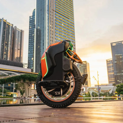 Electric Unicycle Kingsong S19 features a sleek design, vibrant colors, and a robust tire, ideal for urban commutes.