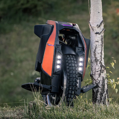 Electric Unicycle Kingsong S19 features a rugged design with strong rubber tire and LED lights, ideal for off-road adventures.