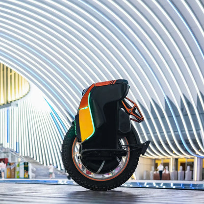 Electric Unicycle Kingsong S19 features vibrant lights, a sturdy design, and a rugged tire for stability.