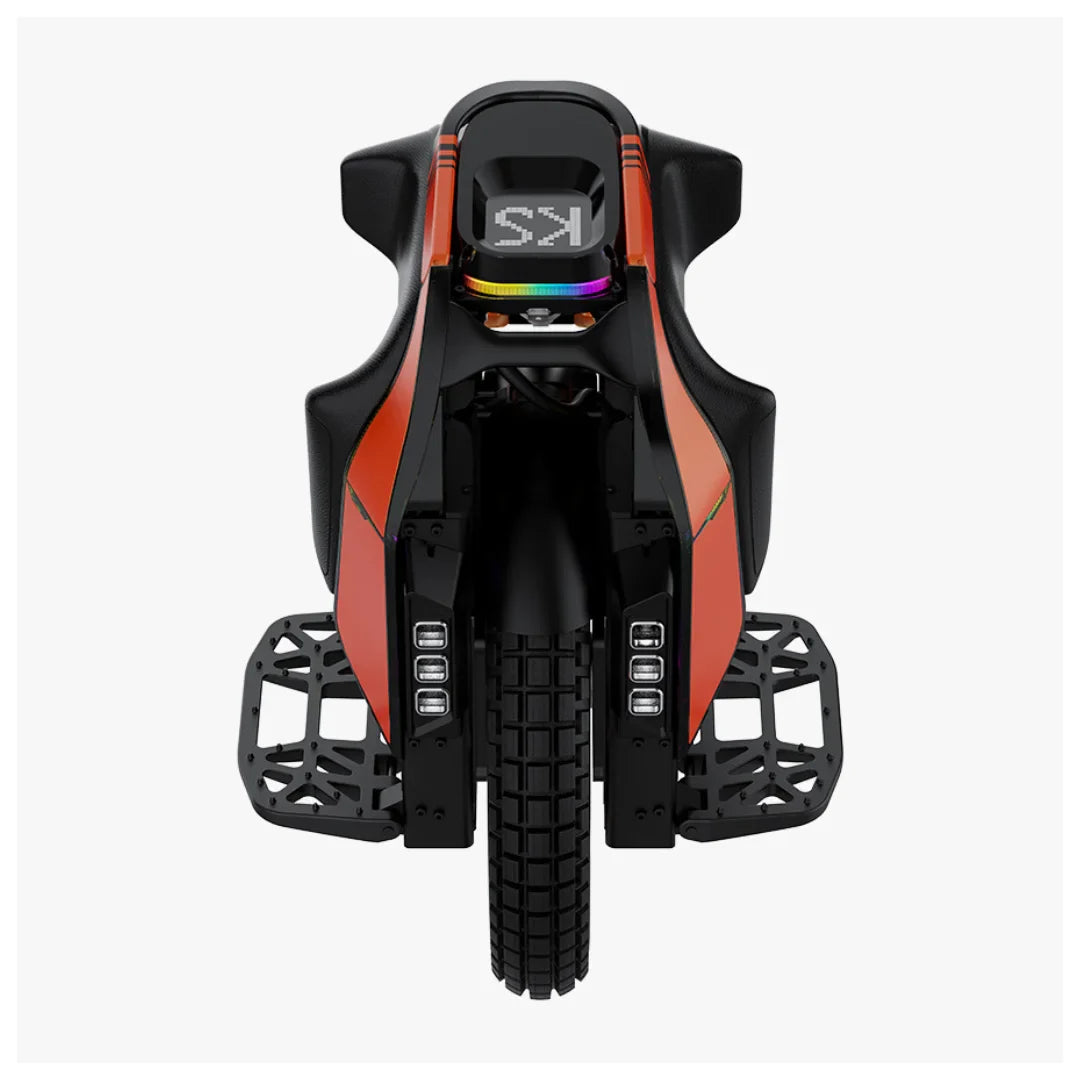 Electric Unicycle Kingsong S19 features a sleek design, vibrant colors, robust tire, and footplates.