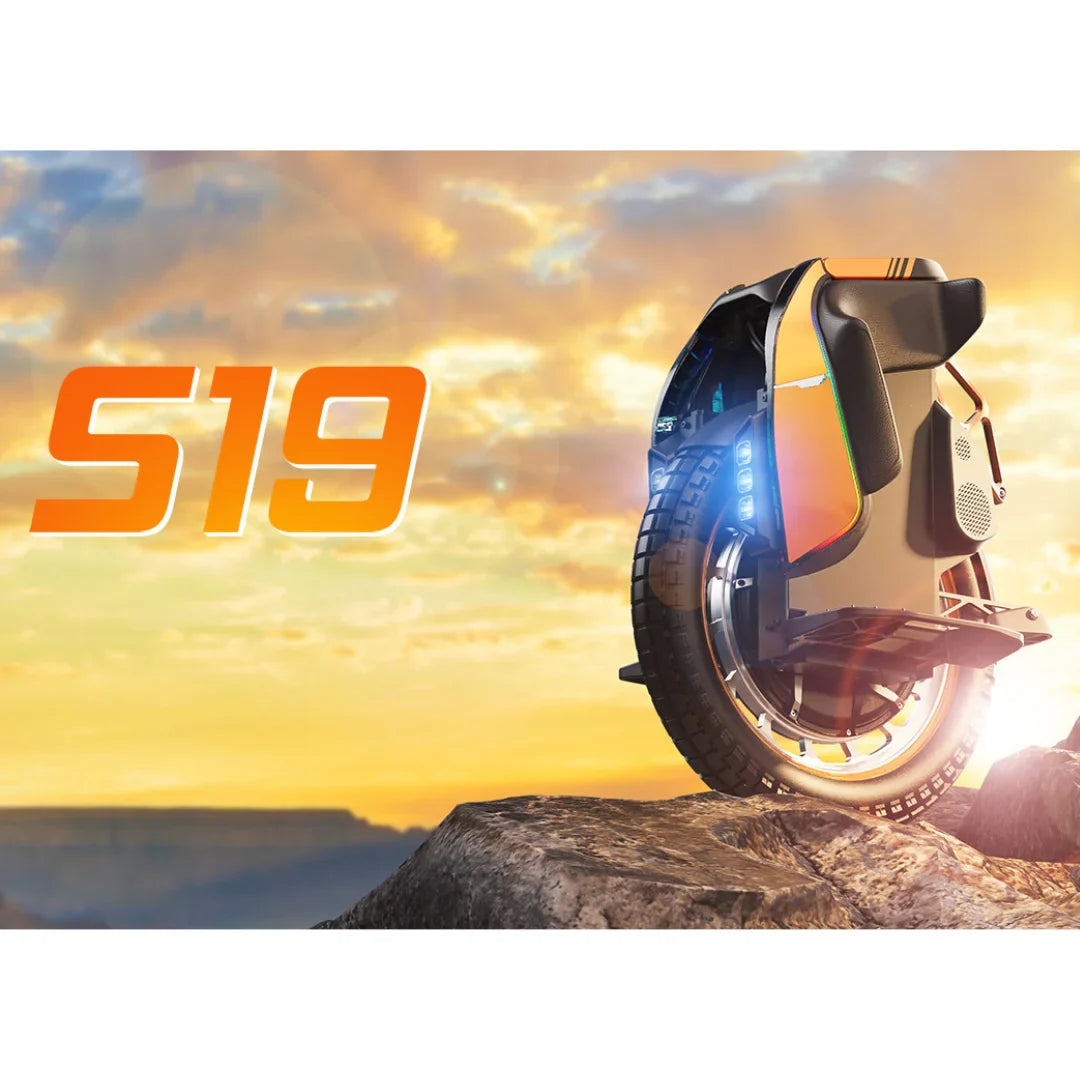 Electric Unicycle Kingsong S19 features a sleek design, robust tire, and vibrant LED lights, perfect for adventure.
