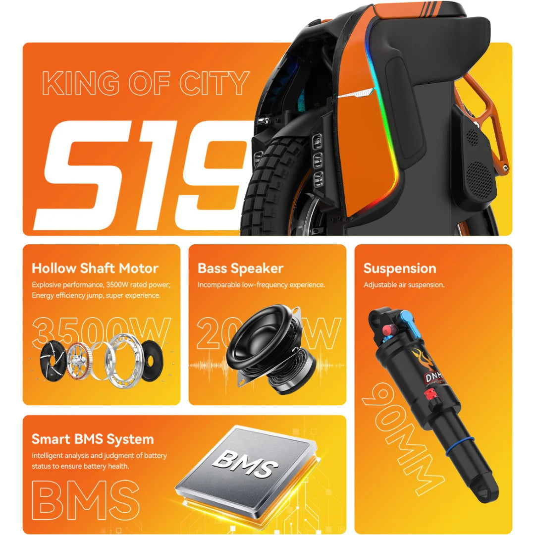 Electric Unicycle Kingsong S19 offers a powerful 3500W motor, adjustable suspension, and quality bass speaker.