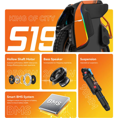 Electric Unicycle Kingsong S19 offers a powerful 3500W motor, adjustable suspension, and quality bass speaker.