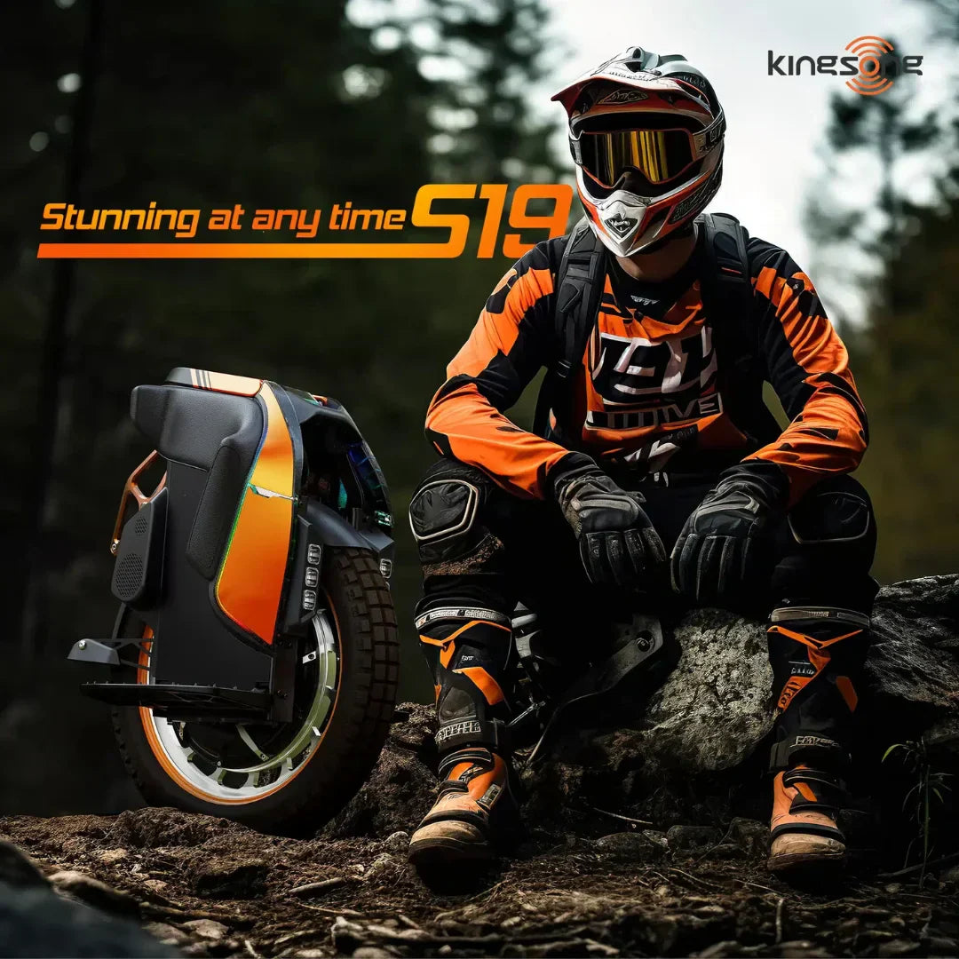 Electric unicycle KingSong S19 Pro – rider in gear next to unicycle outdoors