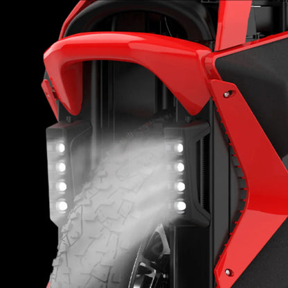 Electric Unicycle Kingsong S22 Pro features striking red design, strong tire tread, and LED lights.